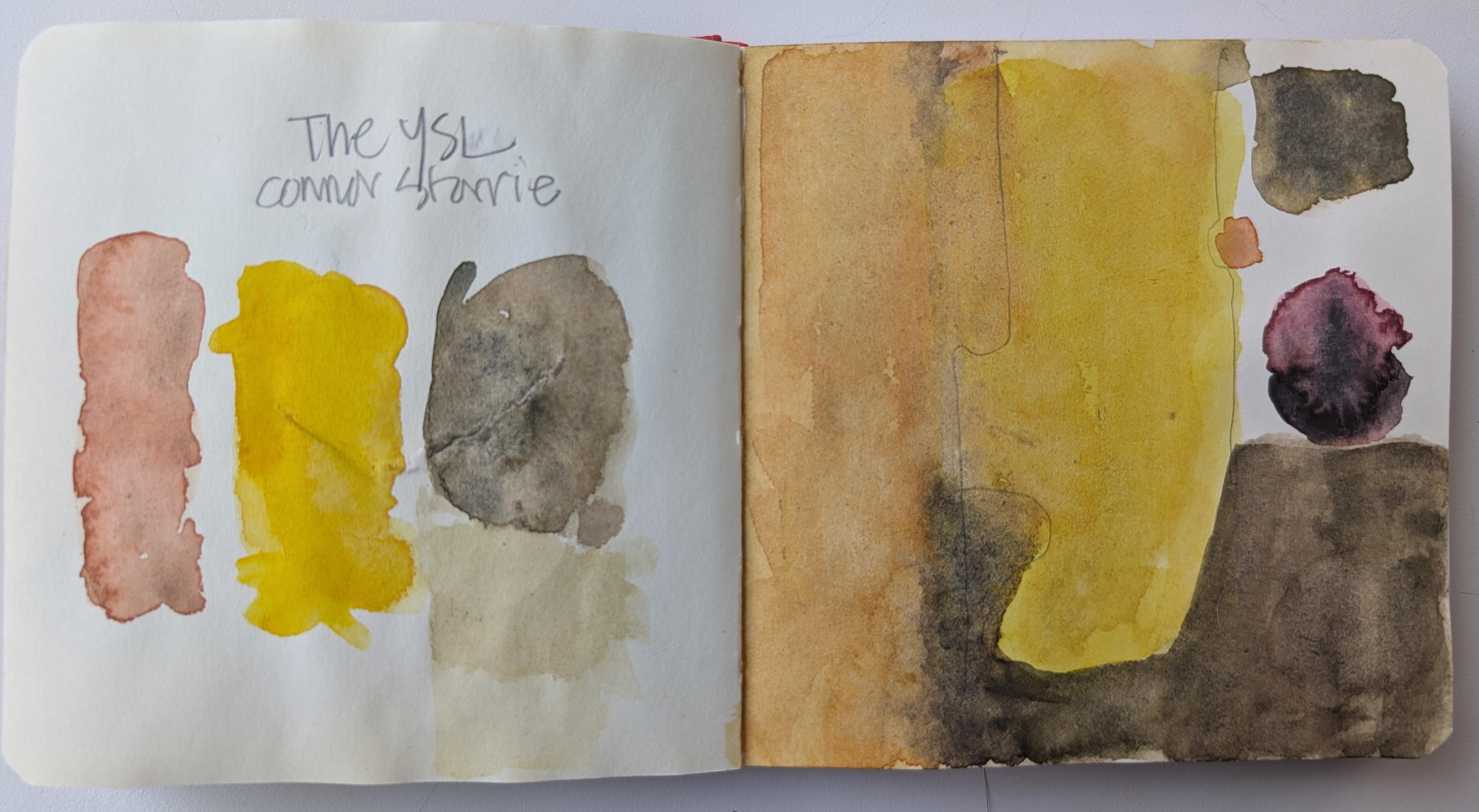 sketchbook page with golden and dirt/green/plum tones of loosely-brushed water-based pigments