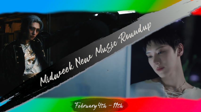 Two screenshots in a distressed rainbow-hued frame (top and bottom bar only, blue to red left to right gradient) with a black to light grey slash from bottom left to upper right, the phrase Midweek New Music Roundup atop the divider. Above the bar, a young Korean man with silver-blue hair (Mingi of ATEEZ) in a dark military-style coat with white tee beneath, striding through a darkened industrial space, right arm extended from sweeping away the space in front of him. Below the slash, a young ethnic Thai-Chinese man with short black hair (NCT's Ten Lee) in a white pirate-style shirt gazes contemplatively at an indistinct grey-silver block in the foreground. Center bottom text reads February 4th - 11th.