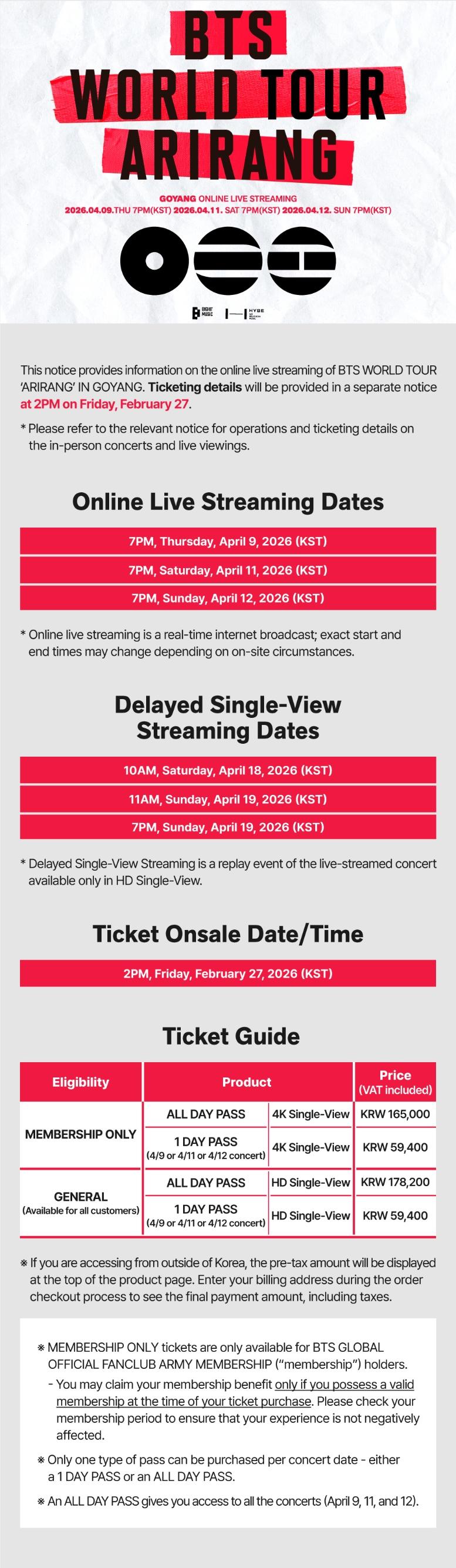 BTS Arirang Tour info .. streams from Goyang confirmed.