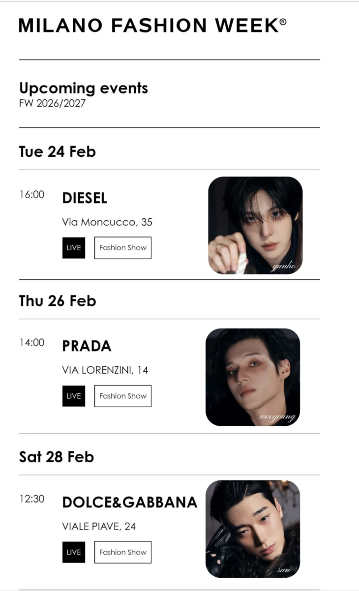 26th: Yuyu at Diesel. 24th: Woo at Prada. 28th: Sannie at D&G