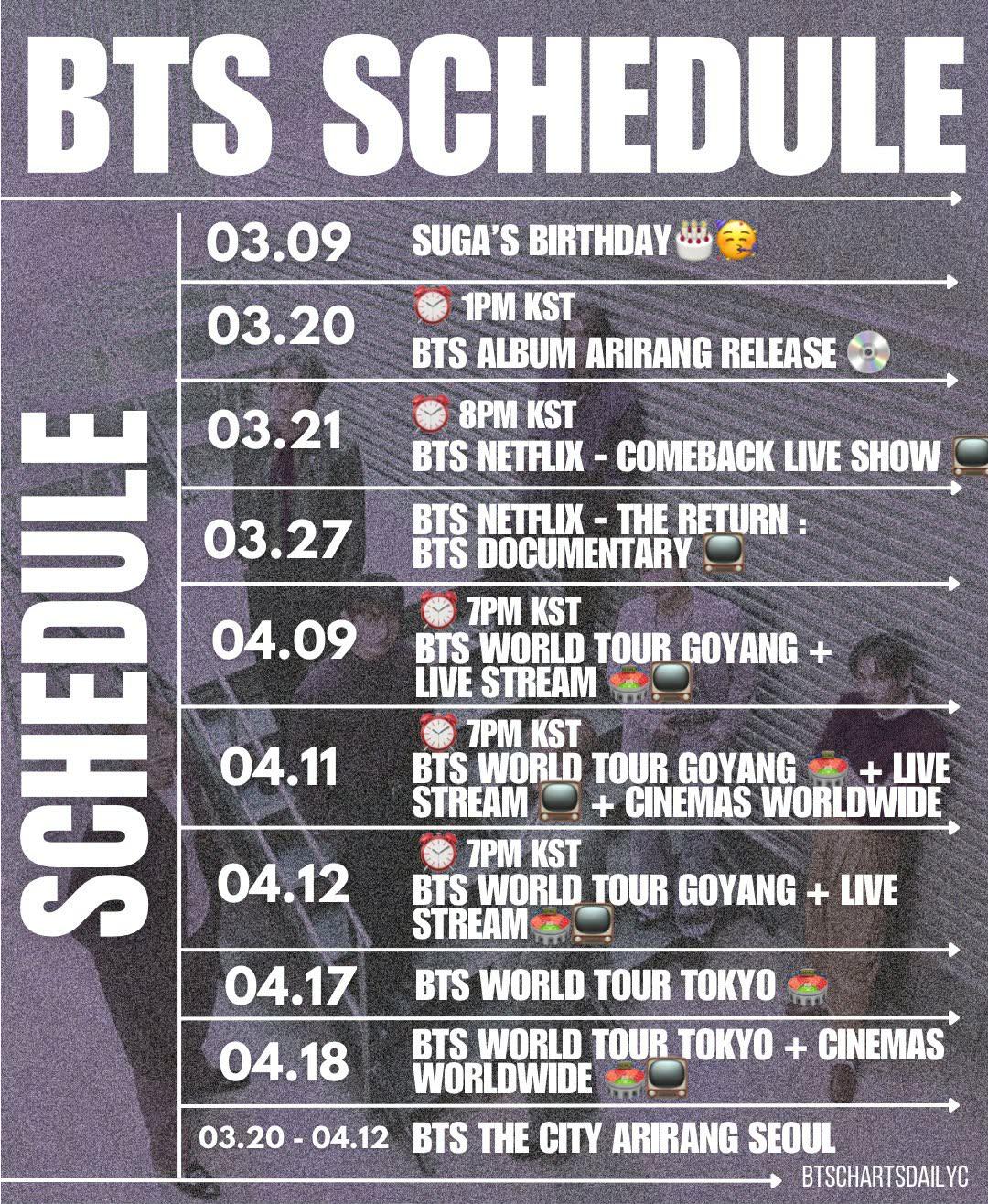 BTS Schedule for March and April