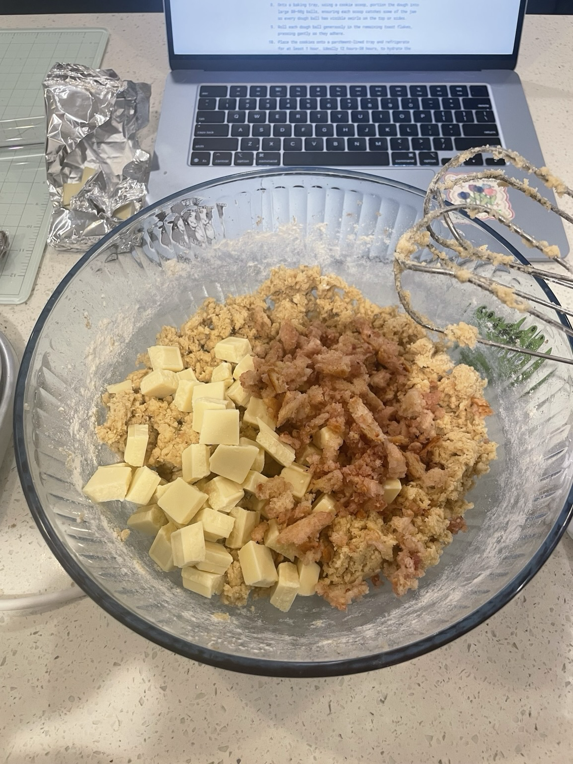 Cookie dough batter with white chocolate chunks and toast chunks