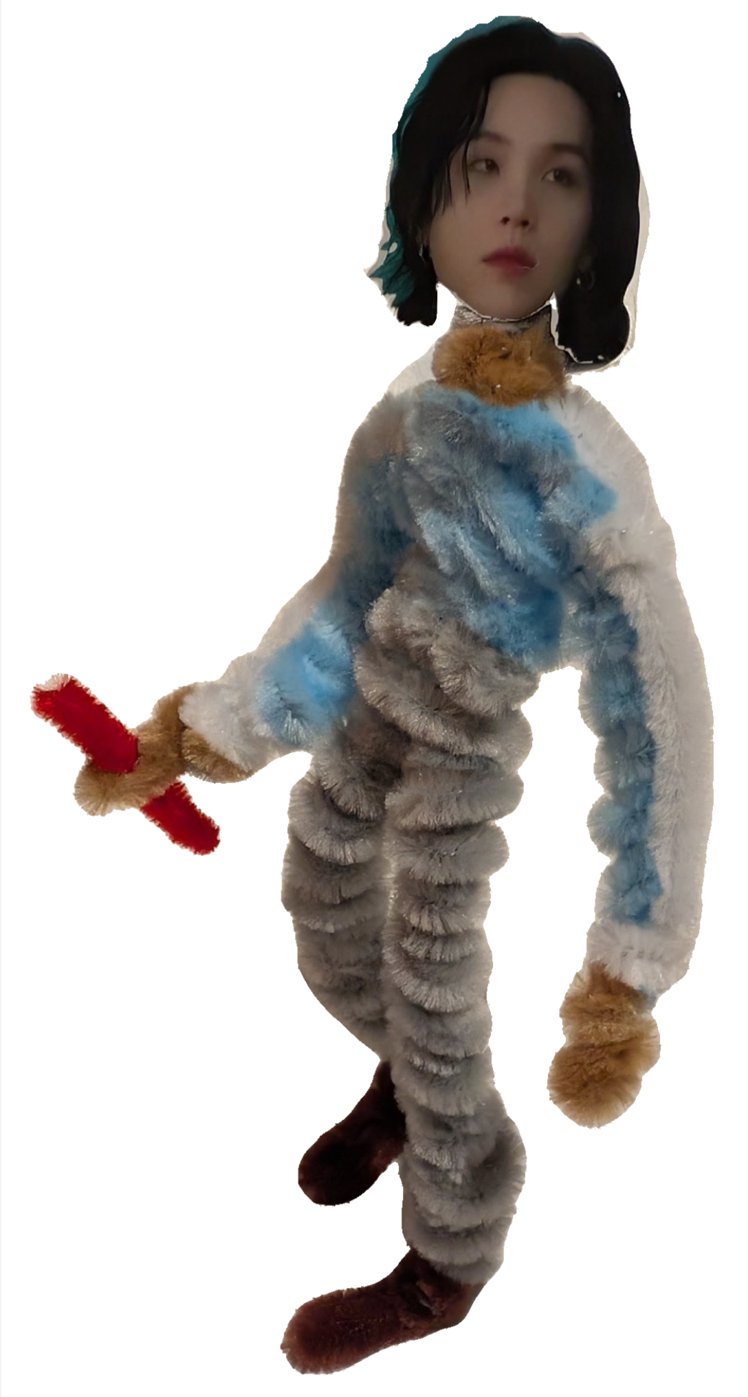pipe-cleaner figure of Haegeum SUGA with red chopsticks in hand and wearing pale blue athletic jacket