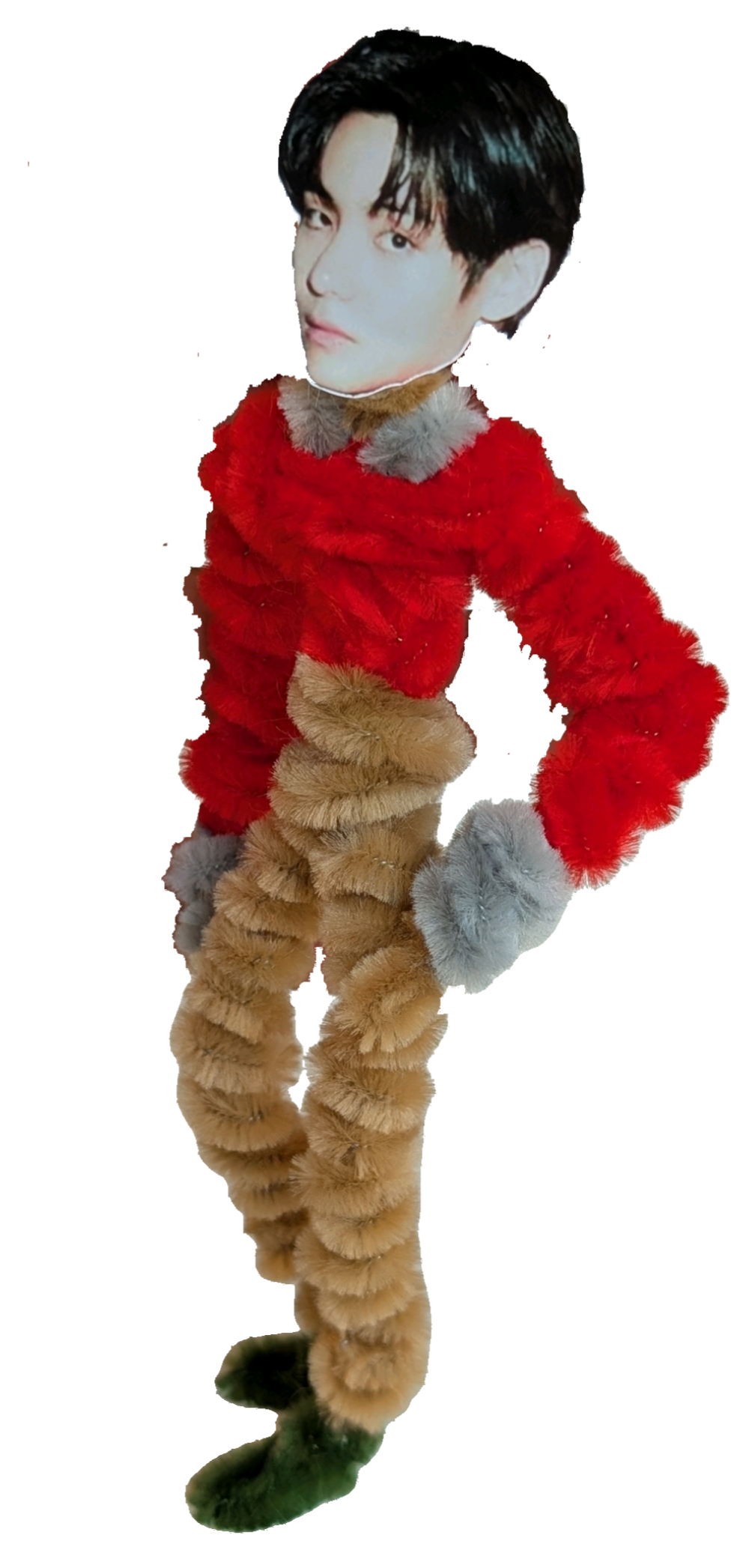 a vibe-checking pipe-cleaner version of Taehyung in red shirt and tan trousers