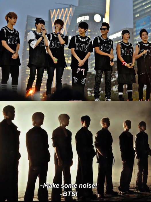 Composite photo of when BTS just debuted in 2013, and today in 2026.