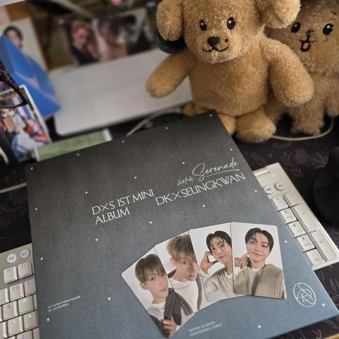 DxS 1st Mini Album - Vinyl cover with photocards. DOA and my mess desk in the background.
