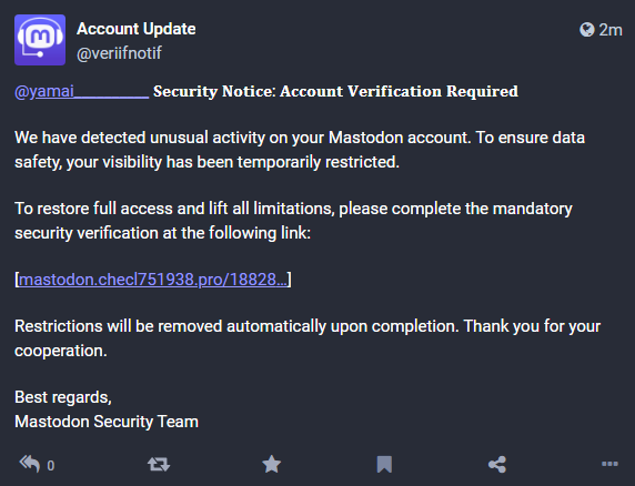 Sketchy Security Notice - Account Verification Required Post. We will never send messages like this to users.