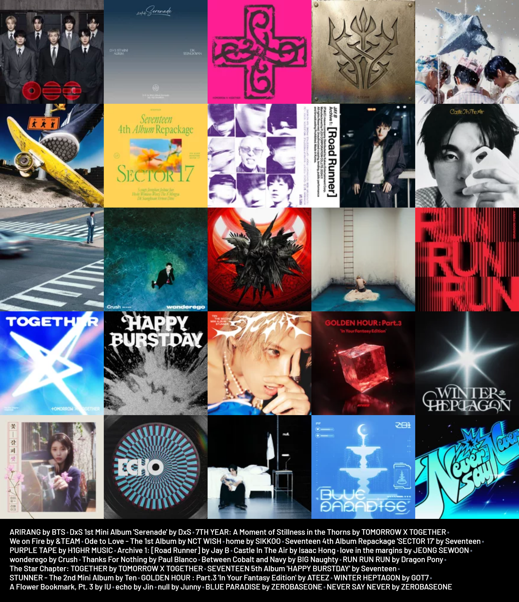 ARIRANG by BTS
DxS 1st Mini Album 'Serenade' by DxS
7TH YEAR: A Moment of Stillness in the Thorns by TOMORROW X TOGETHER
We on Fire by &TEAM
Ode to Love - The 1st Album by NCT WISH
home by SIKKOO
Seventeen 4th Album Repackage 'SECTOR 17' by Seventeen
PURPLE TAPE by H1GHR MUSIC
Archive 1: [Road Runner] by Jay B
Castle In The Air by Isaac Hong
love in the margins by JEONG SEWOON
wonderego by Crush
Thanks For Nothing by Paul Blanco
Between Cobalt and Navy by BIG Naughty
RUN RUN RUN by Dragon Pony
The Star Chapter: TOGETHER by TOMORROW X TOGETHER
SEVENTEEN 5th Album 'HAPPY BURSTDAY' by Seventeen
STUNNER - The 2nd Mini Album by Ten
GOLDEN HOUR : Part.3 'In Your Fantasy Edition' by ATEEZ
WINTER HEPTAGON by GOT7
A Flower Bookmark, Pt. 3 by IU
echo by Jin
null by Junny
BLUE PARADISE by ZEROBASEONE
NEVER SAY NEVER by ZEROBASEONE